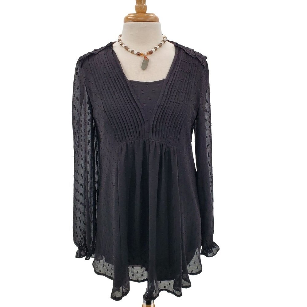 Indigo Soul Womens Pleated Boho Tunic Top Size S Black Swiss Dot Long Sleeve